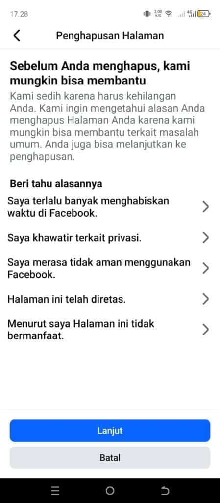 Pilih Salah Satu Anda mengapa ingin menghapus halaman fb