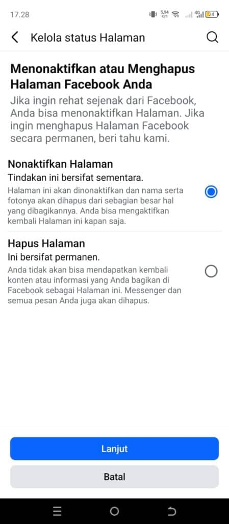 Nonaktikan atau hapus halaman facebook