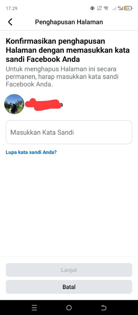 Masukan sandi untuk menghapus fanspage fb